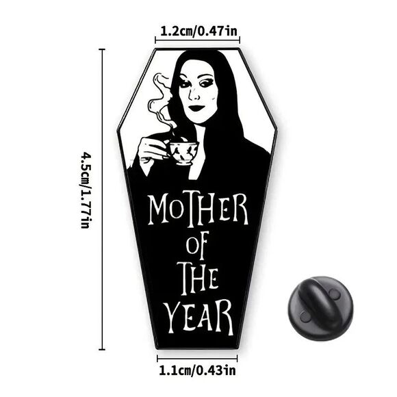 Morticia Addams Mother of the Year Coffin Shape Pin Brooch Gothic Halloween  NIP - Picture 2 of 2